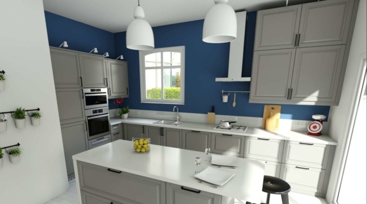 HomeByMe for kitchen retailers 3D rendering of an island kitchen with white countertop