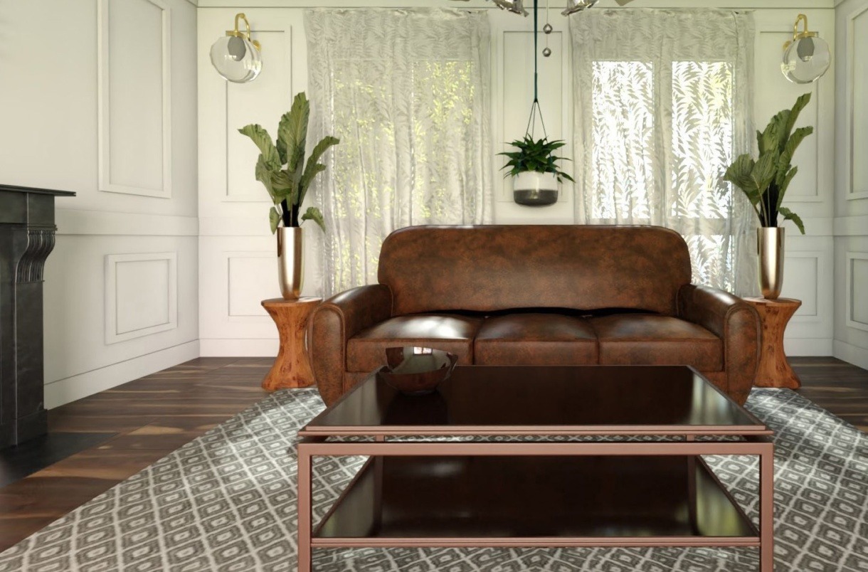 elegant living room rendering with leather sofa in HomeByMe