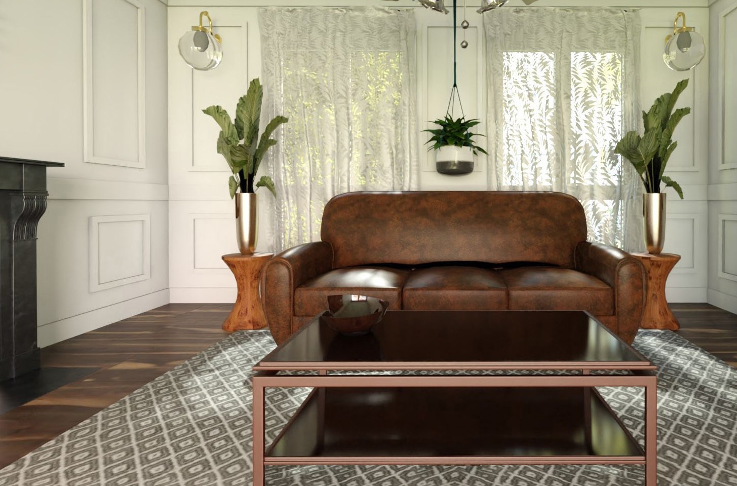 elegant living room rendering with leather sofa in HomeByMe