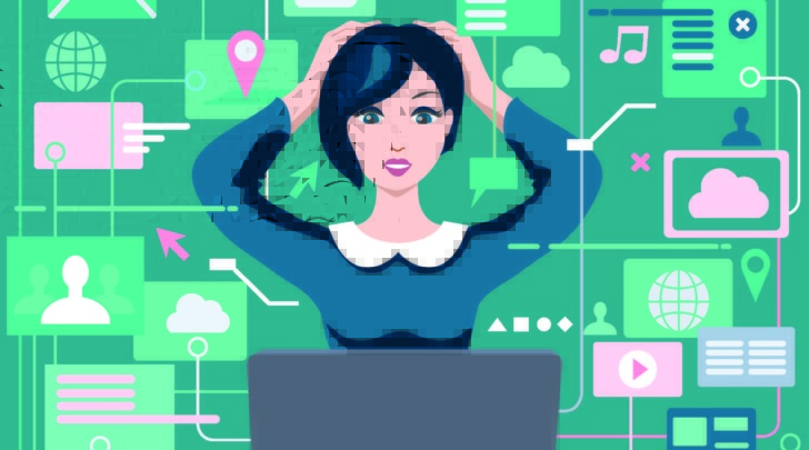 women at laptop screen overwhelmed by information