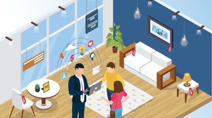 man consulting couple with HomeByMe for Home Retailers 3D planning solution