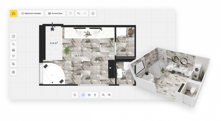 Plan de maison 2D et 3D avec grande salle de bain