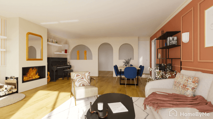 rendu réaliste d'un plan de salon 3D avec alcoves et moulures