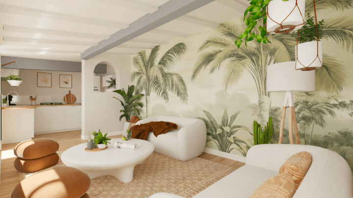 Utilisation d'un papier peint panoramique floral vert pour un relooking de salon réussi