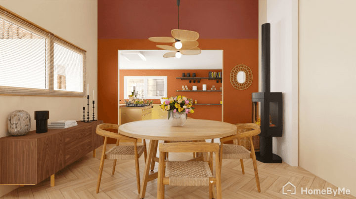 rendu réaliste d'un plan de salon 3D avec une salle à manger au mur accent couleur terracotta