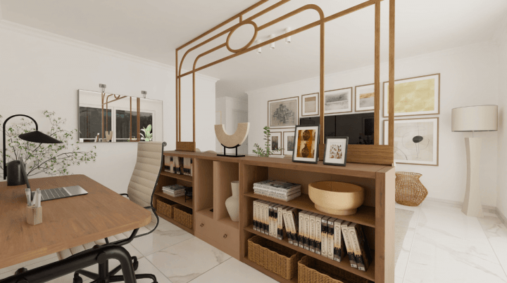 rendu réaliste d'un plan de salon 3D avec grand bureau cloisonné dans le salon.