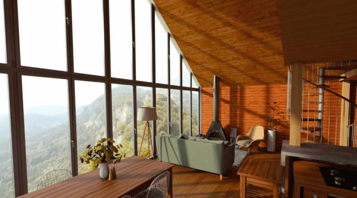 rendu réaliste d'un plan de salon 3D orange avec vue imprenable sur la montagne