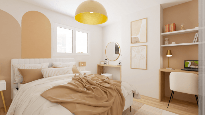 Rendu 4K d'une chambre adolescent couleur peach fuzz