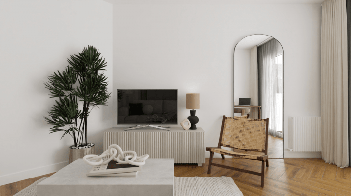 Rendu réaliste 4K de la décoration minimaliste et tendance d'un salon de maison
