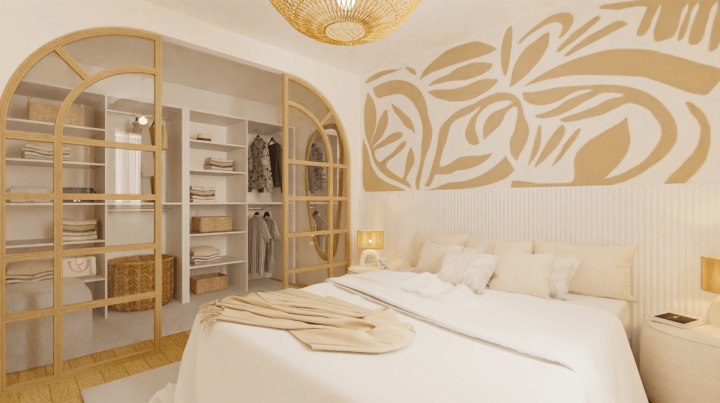 Rendu réaliste plan de chambre 3D décoré avec un papier peint