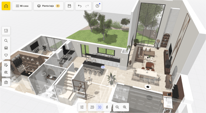 Vista alta de un plano de vivienda en 3D en la herramienta homebyme