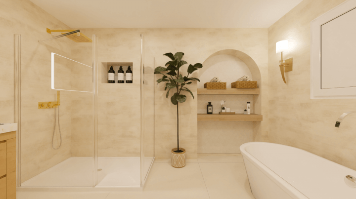 High realistic view of a 3D white and gold bathroom plan