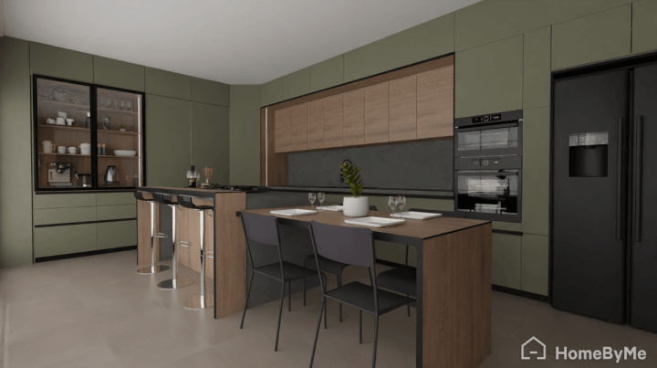 3Dplan for a big green and brown kitchen design with HomeByMe