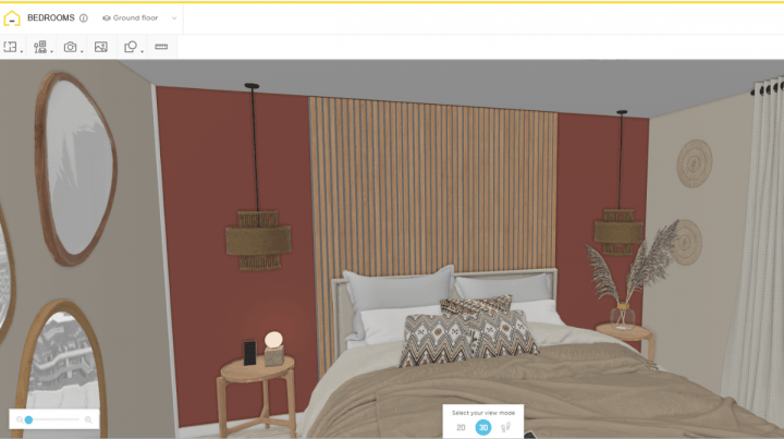 3D view of a pink and wood style bedroom on the Homebyme planner