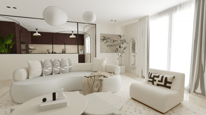 White and black living room plan