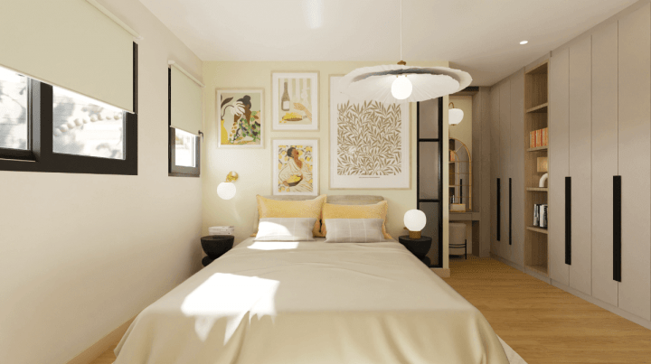 Rendu réaliste plan de chambre 3D avec différentes sources d'éclairage