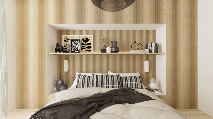 Rendu réaliste plan de chambre 3D avec idée de meubles multifonctions