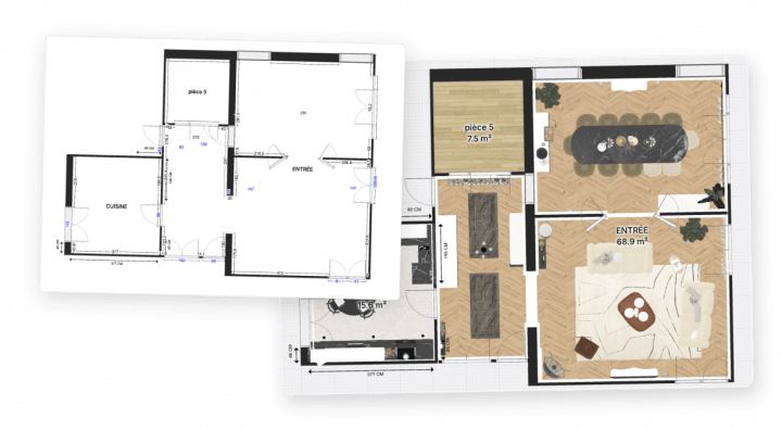 Plan 2D et 3D d'une rénovation de maison sur le planner