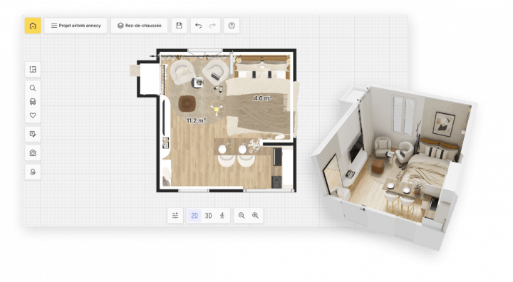 A 2D and 3D floor plan of a bedroom on the planner