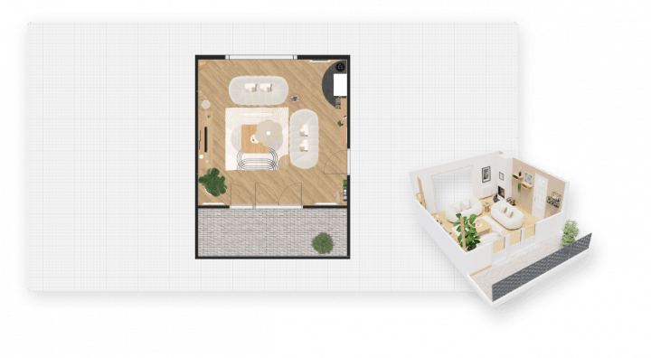 A 2D and 3D floor plan of a living room on the planner