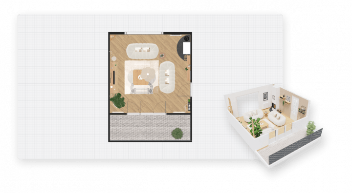 Visualización 2D de un salon moderno diseñado con HomeByMe.