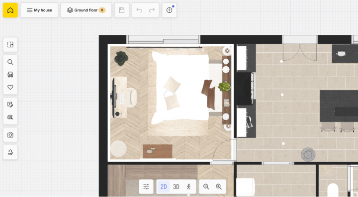Vue 2D de haut d'une chambre conçue avec le logiciel d'aménagement HomeByMe