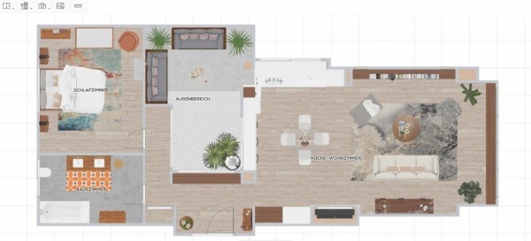 A 2D plan of a mid-century mordern interior design house made on homebyme, containing a living room, a kitchen, a bedroom, a bathroom and a terrasse