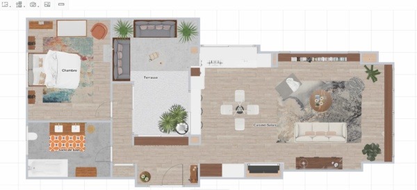 A 2D plan of a mid-century mordern interior design house made on homebyme, containing a living room, a kitchen, a bedroom, a bathroom and a terrasse