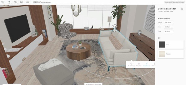 Ein 3D-Wohnzimmer im Bohème-Stil, modelliert in homebyme, mit Bohème-Möbeln und einem Bearbeitungsfeld