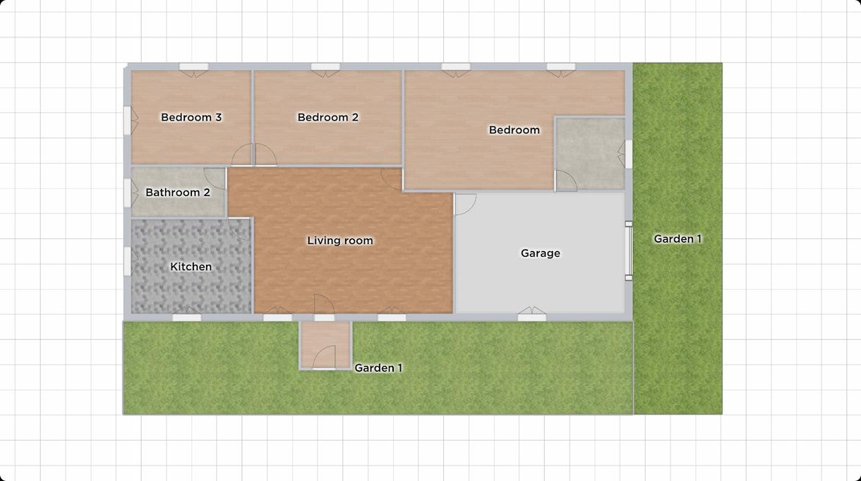 A 2D plan of a mid-century mordern interior design house made on homebyme, containing a living room, a kitchen, a bedroom, a bathroom and a terrasse