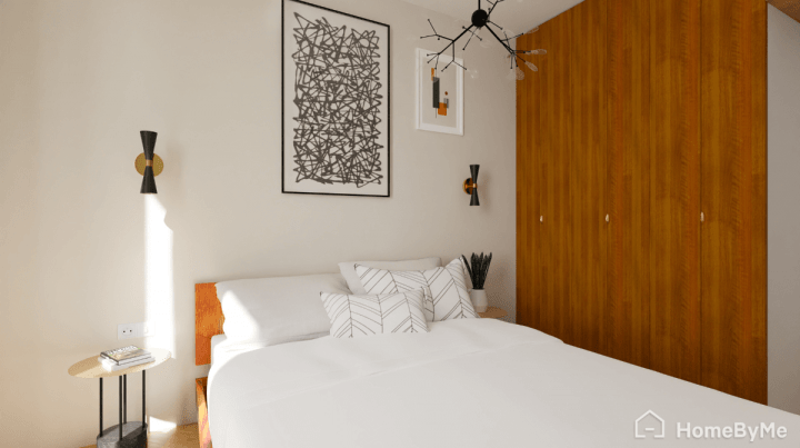 Chambre blanche et bois d'inspiration mid-century