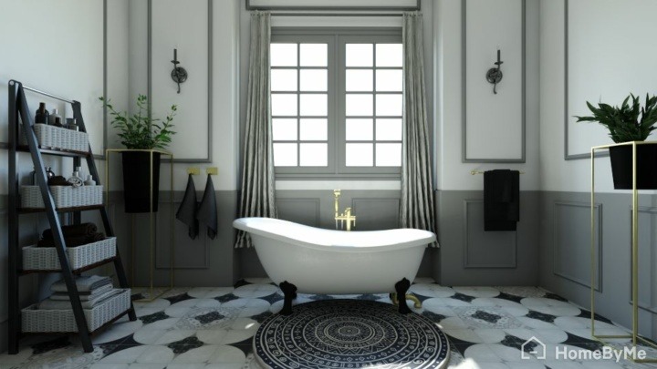 black and white contemporary bathroom with a bathtub in the middle and golden furnitures