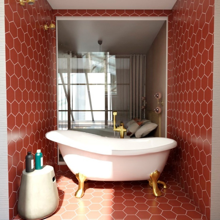 contemporary bathroom with a wall with terra cotta tiles