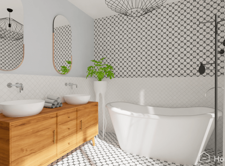 Realistic image of a mid-century modern bathroom design with HomeByMe