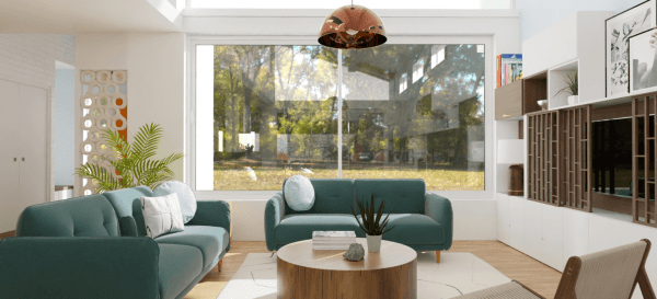 Realistic image of a mid-century modern living-room design with HomeByMe