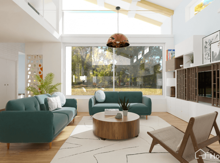 Realistic image of a mid-century modern living-room design with HomeByMe