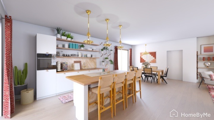 white boho kitchen with suspended plants and golden touches