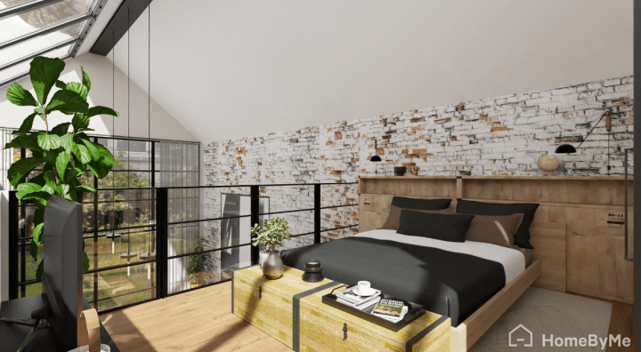 Chambre de style industriel avec des touches de bois