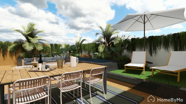 Espace extérieur piscine et canapé