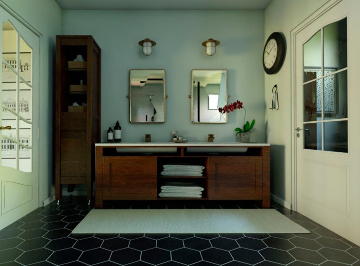 Bathroom with a double sink in a farmhouse rustic style