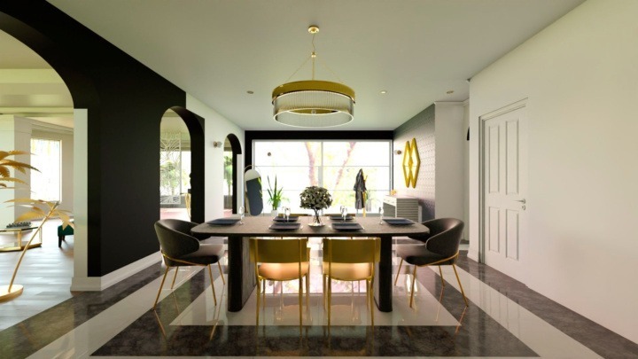 Great glam dining and living room with shades of gold