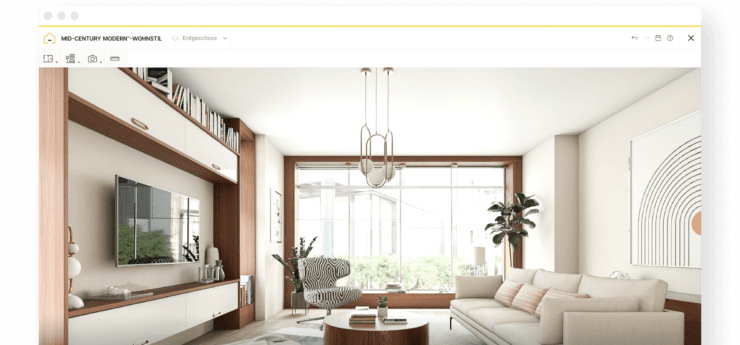 Ein 3D-modelliertes modernes Wohnzimmer aus der Mitte des Jahrhunderts auf HomeByMe