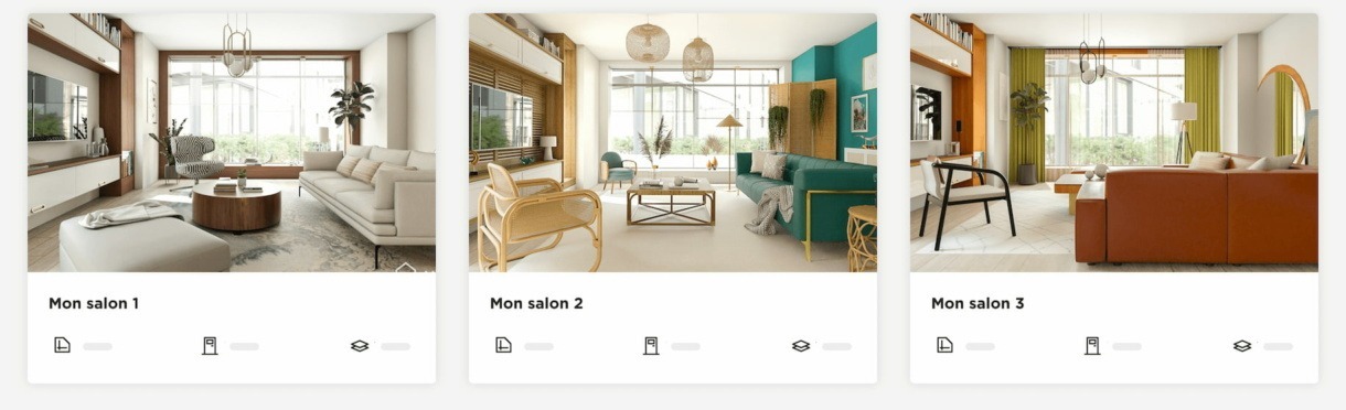 Salon modélisé en 3D de 3 styles différents de style moderne, glam et bohème