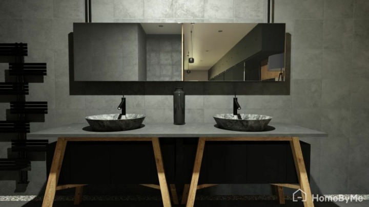 Industrial bathroom with a large mirror