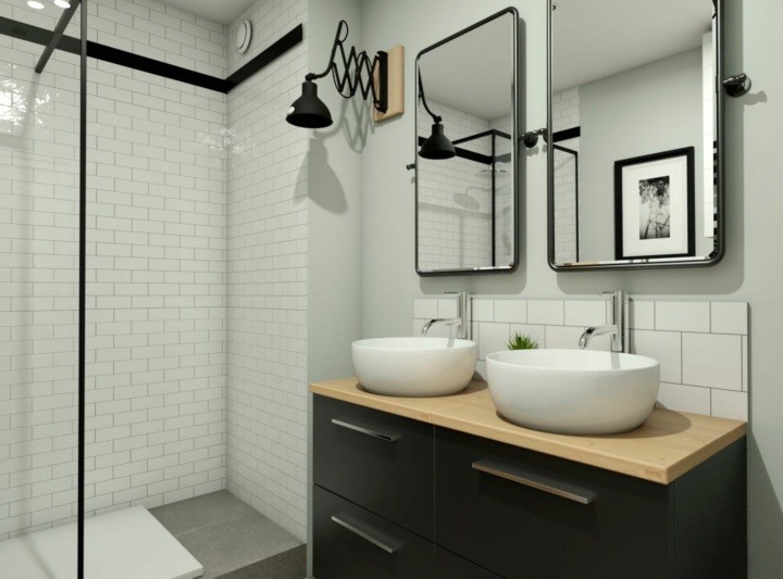 Industrial bathroom with twin vanity sink