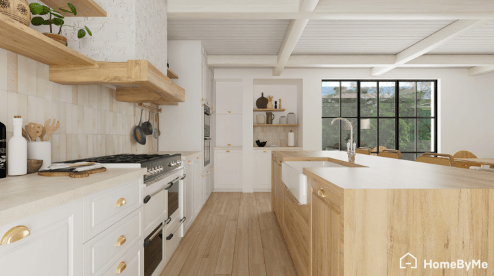 Elegant white bohemian kitchen with vintage decor, jute rug, and warm natural lighting in realistic 3D visualization