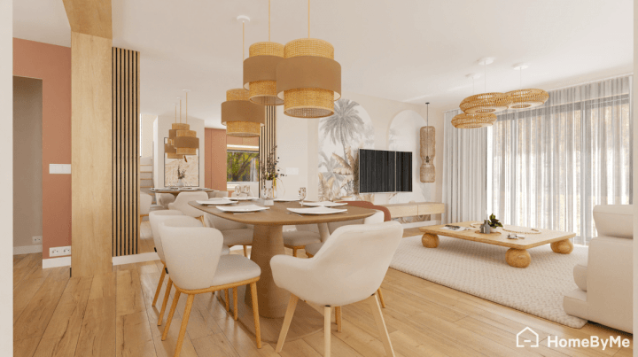 Cozy boho-style kitchen featuring terracotta accents, woven baskets, and minimalist Scandinavian inspiration in 4K quality.
