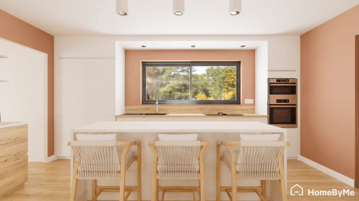 Realistic 3D render of a trendy bohemian kitchen with textured materials, light wood furniture, and organic decor elements.