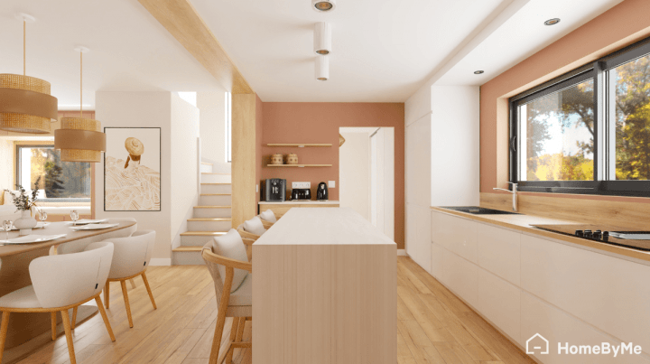 Trendy bohemian kitchen design combining modern white cabinetry, woven pendant lights,.