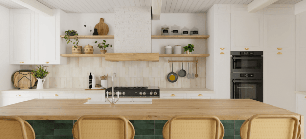 Realistic 4K boho kitchen design with white cabinets, natural greeen accents, and woven decor created with HomeByMe.